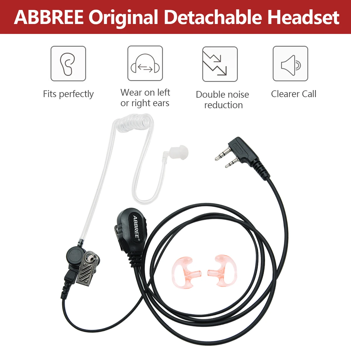 BAOFENG & ABBREE 2Pin Detachable Headset 3.5mm Air Acoustic Tube Earpiece Compatible with Baofeng 888S UV5R UV-82  Walkie Talkie