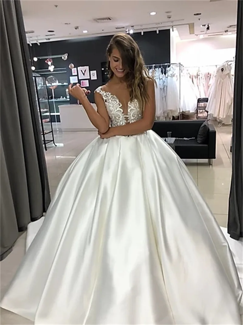 Vestido De fiesta elegante, vestidos De Novia con Apliques De encaje, vestidos De Novia De satén hechos a medida, Vestido De Novia con botones en la espalda, Vestido De Novia