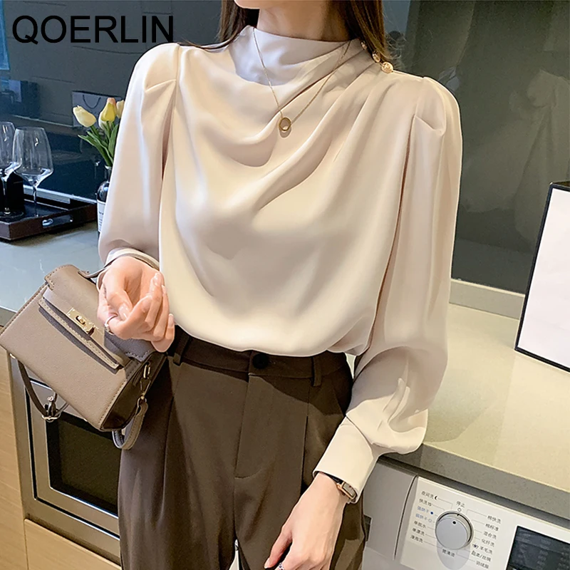 Chic Elegant Korean Stand Collar Lantern Sleeve Fashion Long Sleeve Shirt Blouse New Zipper Fly Pleated Blouse S-2XL Pullover