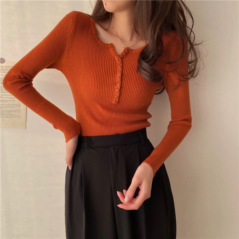 2024 Sweater Women Solid Color O-neck Pullovers Basic Primer Pull Femme Button Chic Jumper Soft Slim Autumn Knitted Sweaters