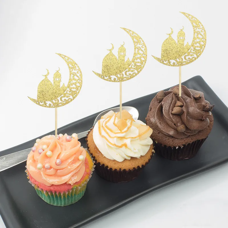 10Pcs Gold EID Mubarak Moon Castle Cupcake Toppers Ramadan Kareem Decor 2023 Islamic Muslim Party Eid al-Fitr Cake Home Supplies view 2