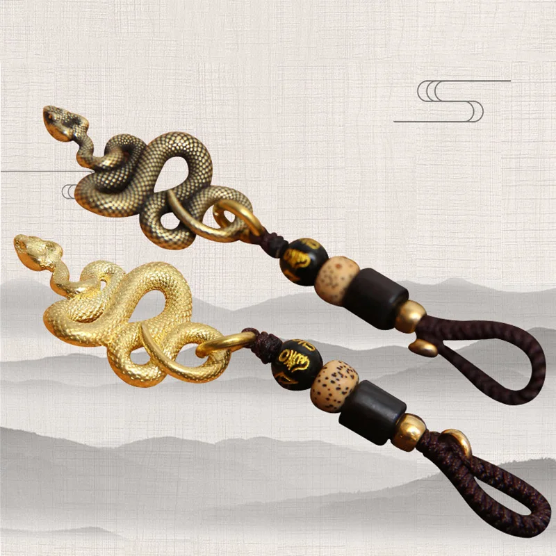 Brass Metal Snake Pendant Necklace Men Retro Handmade Rope Key Chain Animal Cobra Keychain Multitool Bag Lanyard Hanging Jewelry