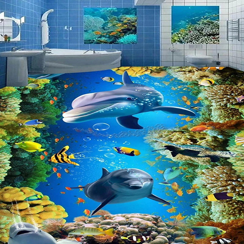 Custom Floor Wallpaper Underwater World 3D Stereo Dolphin Coral Mural Living Room Bathroom PVC Self-Adhesive Waterproof Stickers