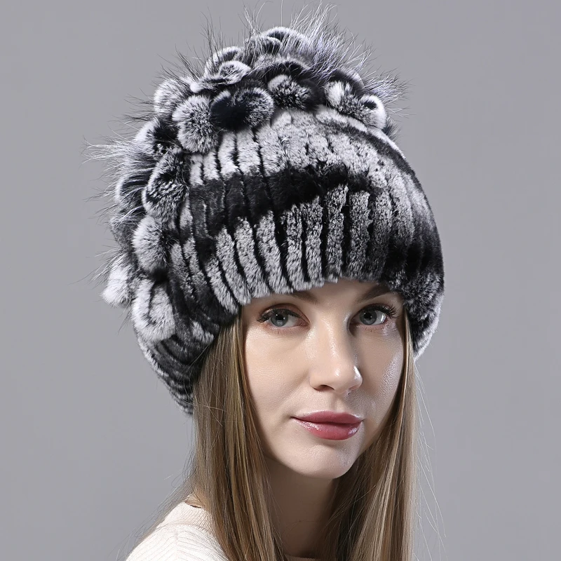 

Winter Hats Women Natural Rabbit Fur Rex Beanies Floral Elastic Fluffy Female Stylish Warm Fur Hats