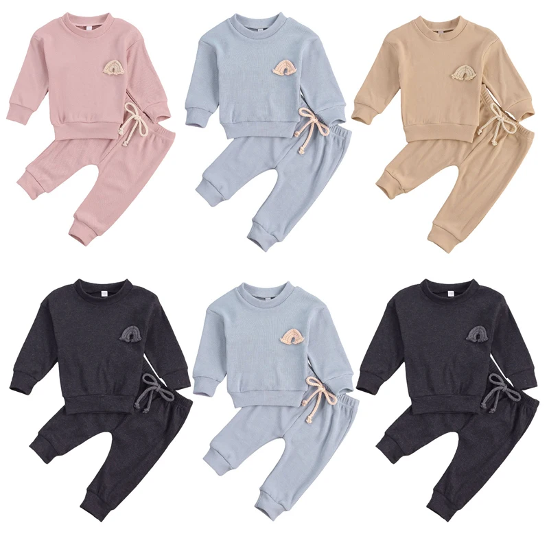 lioraitiin 0-24M Mewborn Baby Girls Boys Solid Color Clothes Set Rainbow Embroidery Long Sleeve O-neck Tops +  Long Pants