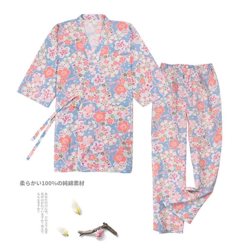 

Japanese Tradition Style Sakura Print Pajamas Pants Set Woman Short Sleeve Loose Kimono Yukata Cotton Bathrobe Summer Sleep Wear