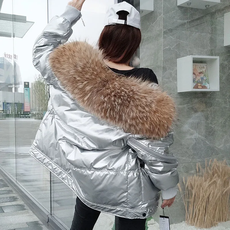 Winter Jacket Women Down Natural raccoon fur Collar Coat Loose Short White Duck Down Real Fur Coat Thick Warm Down Parka