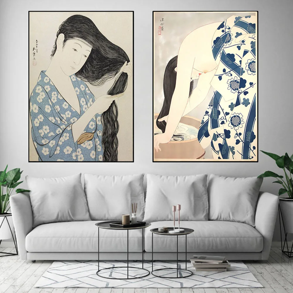 Japan Ukiyoe Posters and Prints Geisha Shampooing Combing Hair Canvas Painting Vintage Wall Pictures for Living Room Home Decor