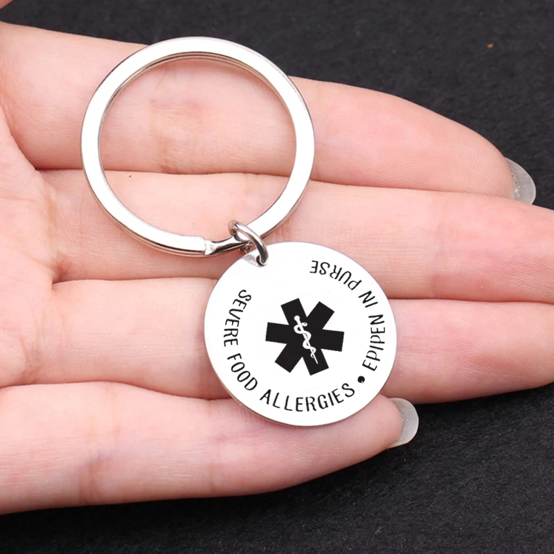 Medical Warning Emergency Keychain Severe Food Allergies Epipen In Purse Engraved Key Chain Ring Bag Charm Key Tag Jewelry