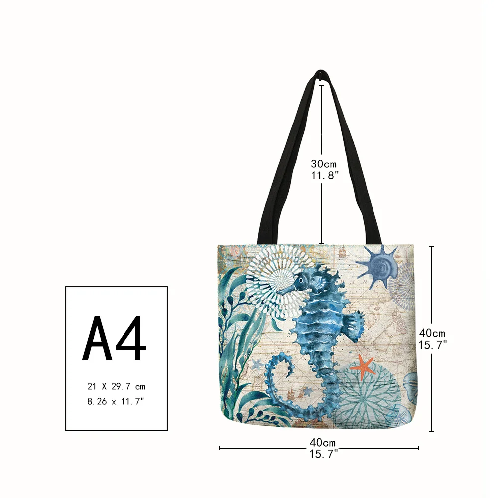 Customize Tote Bag Seahorse Turtle Octopus Print Traveling Shoulder Bags Eco Linen Shopping Bags For Women with Print