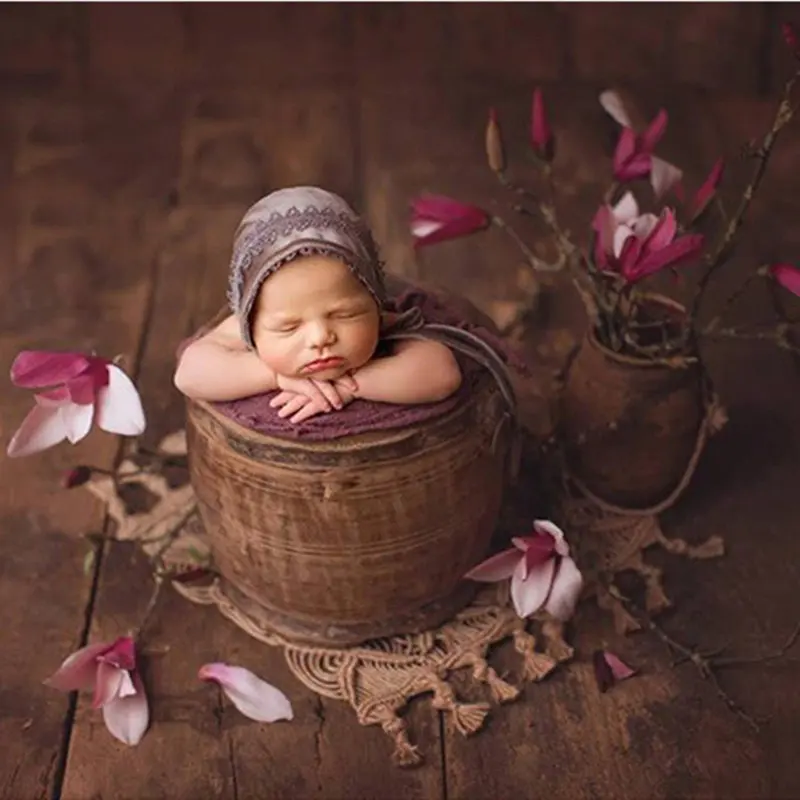 Newborn basket bucket photography props,baby handmade smoked wooden crib bed photography props