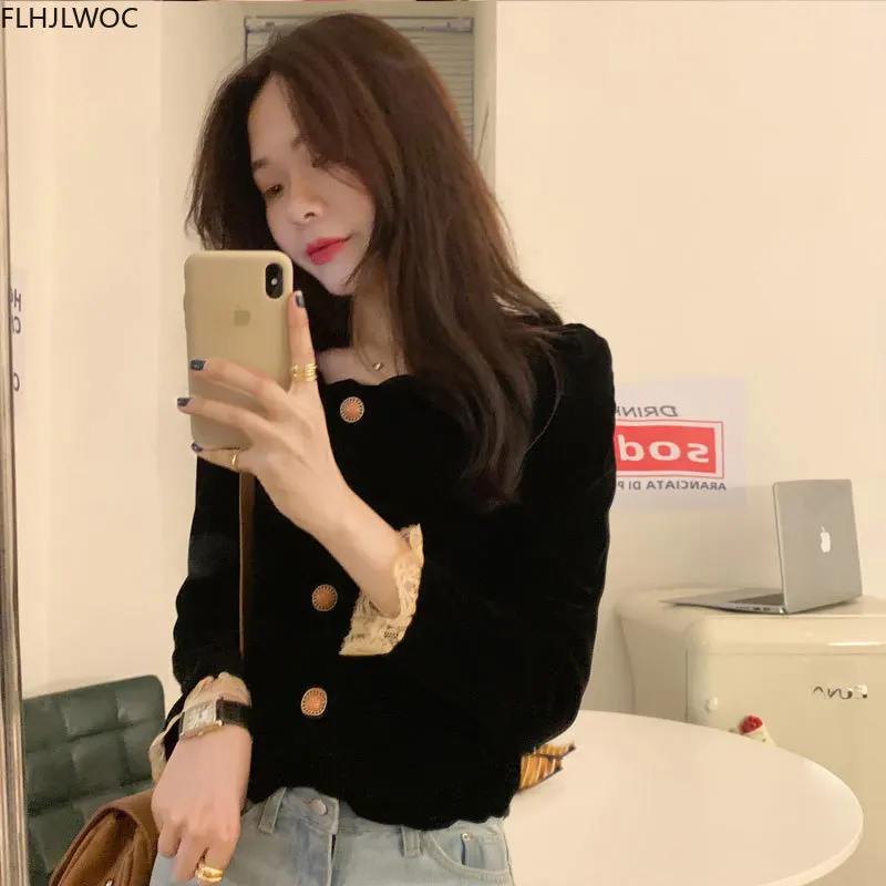 女性用長袖ベルベットシャツ,フレンチスタイル,ファッショナブル,パッチワーク,ホワイト,透かし彫り,白いレース,ショートトップ,ボタンダウンシャツ