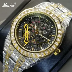 MISSFOX 2023 New Mechanical Watch For Men Luxury Full Diamond Automatic Wristwatch Hip Hop Fashion Bling Male Watches Best Sale