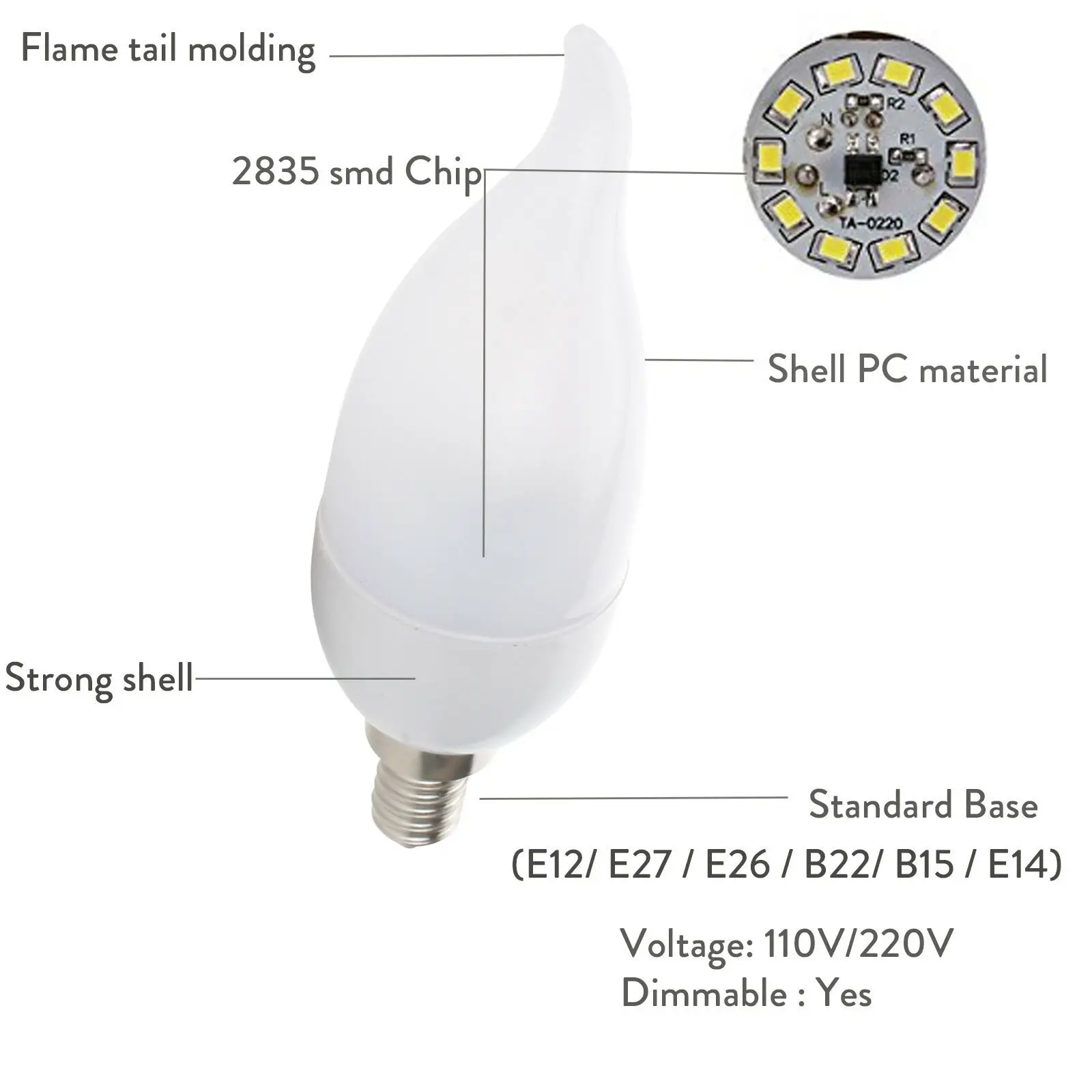 Imagem -05 - Bulbo do Candelabro do Dimmable Luz de Vela da Chama E12 E26 E27 E14 B22 3w 2835smd Substitua a Lâmpada do Halogênio 25w Escurecendo 220v 110v