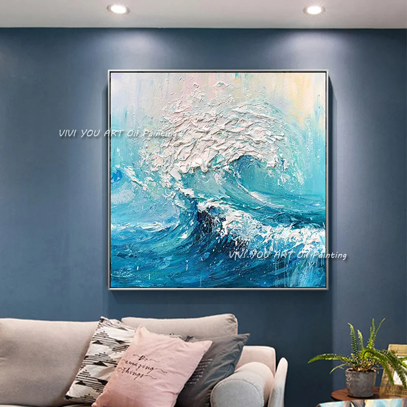 100% Handmade Sea Waves Canvas Painting Modern Ocean Seascape Artwork Pictures Thick Oil Wall Art Decoration For Home Office