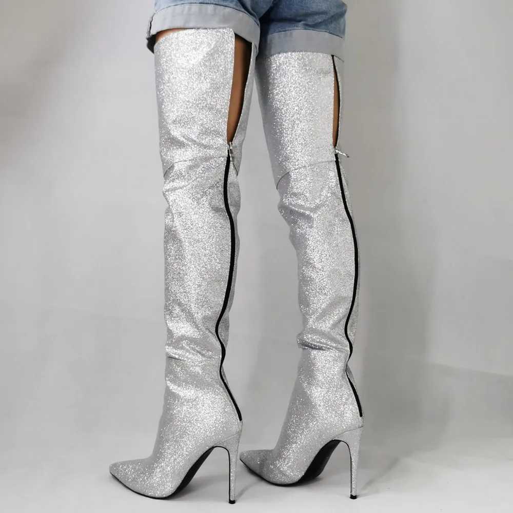 

Botines Mujer sliver glitter women shoes thigh high heel bota over the knee boots pointed toe long female motorcycle plus size47