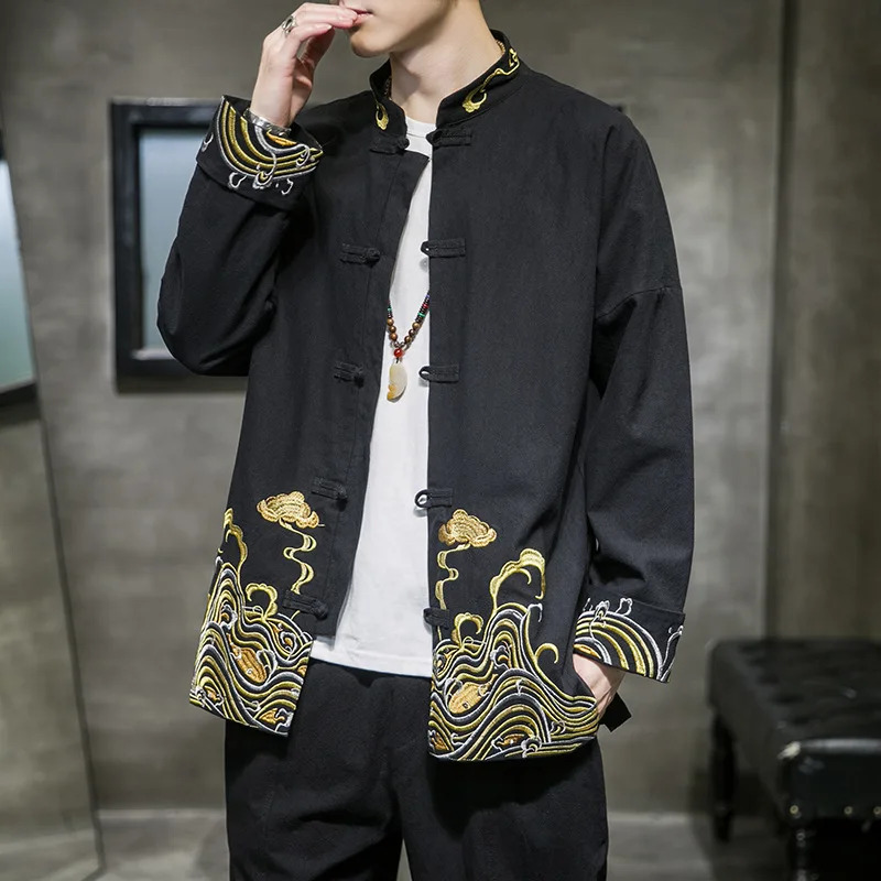 Linen jacket Chinese style men's embroidered loose large size stand-up collar Harajuku casual coat traditional chinese kung fu