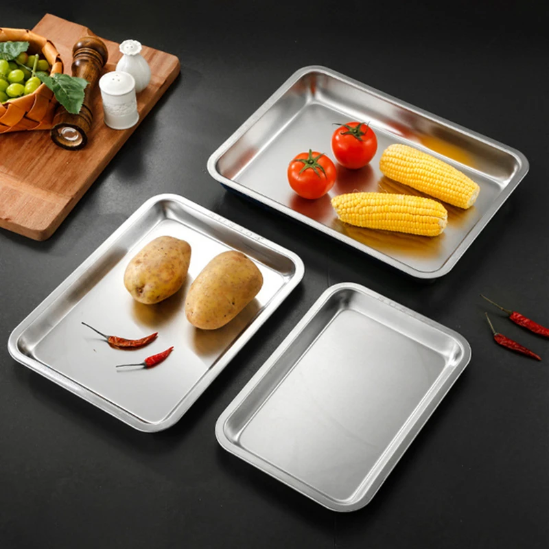 Stainless Steel Food Storage Tray Flat Bottom Trays Fruit Vegetable Plate Kitchen Bread Baking Pan