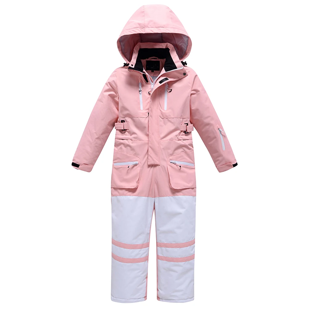 Girls Boys Skiing Clothes One-Piece Hooded Windproof Warm Snowboarding Suits Kids Winter Skiwear Thick Conjoined Snowwear