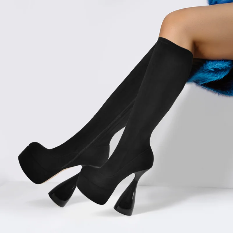 Onlymaker Women Black Platform Flock High Elastic Side Zipper Spike High Heels Big Size Fashion hick Knee High Boots
