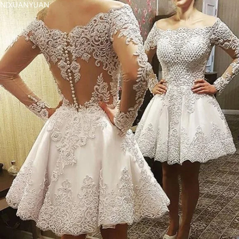 Luxury Lace Bodice Short Wedding Dresses 2023 Skin Tulle Bride Dress Long Sleeves Appliques Gowns vestidos de novia