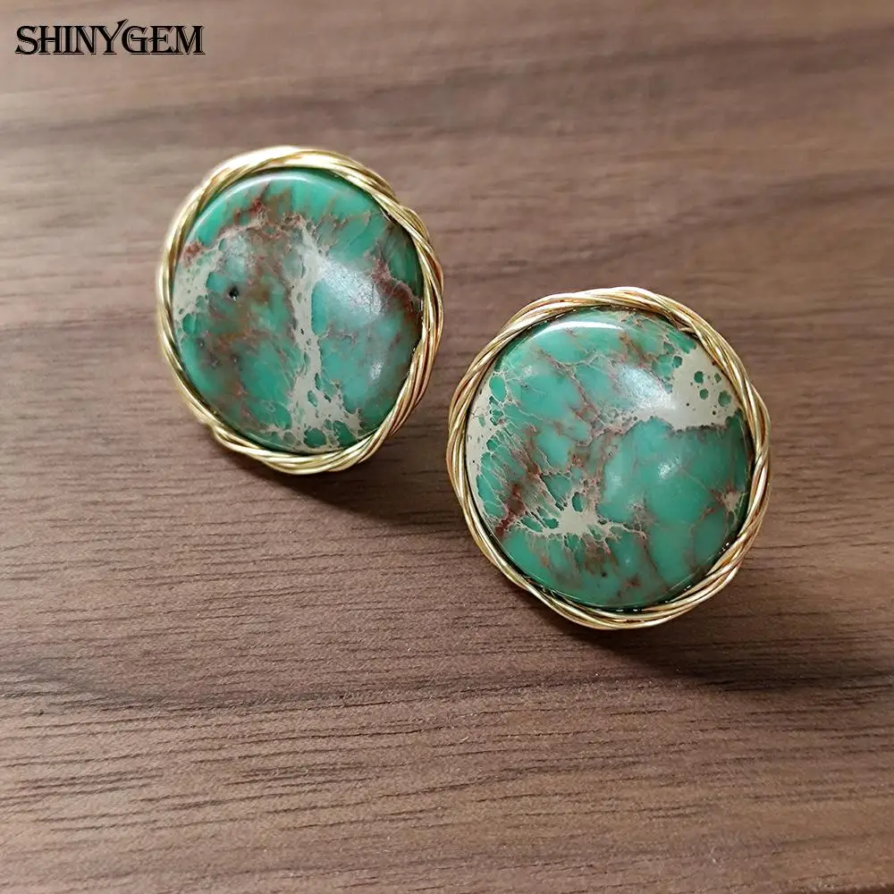 

ShinyGem Circular Sea Sediment Jaspers EarStuds Fashion Gemstone Earrings 14K Electroplated Gold Wire Handmade For Women 2023