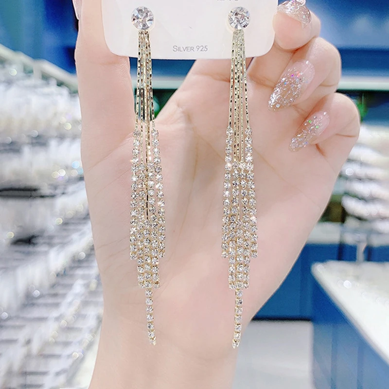 Rimiut Fashion Women Clear Rhinestone Long Tassel Earrings 925 Silver Needle Luxury Lady Party shinning Drop Earring