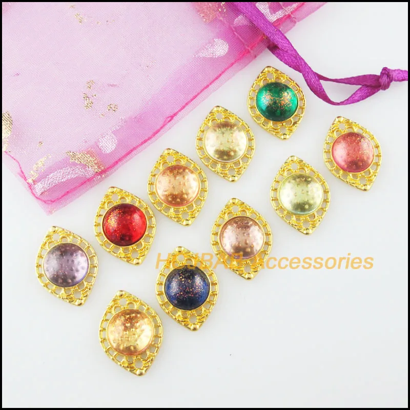 10Pcs Gold Color Oval Cirlce Mirage Mixed Resin Charms Pendants Connectors 14.5x20mm