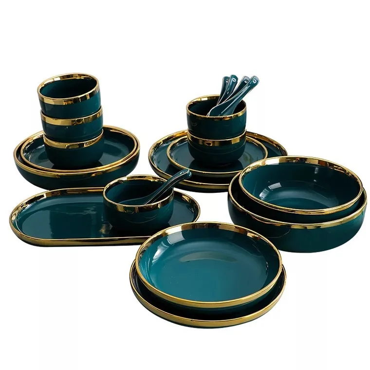 MT Nordic Light luxury golden border ceramic dishes dishes tableware high grade grandmother green household dishes steak plate