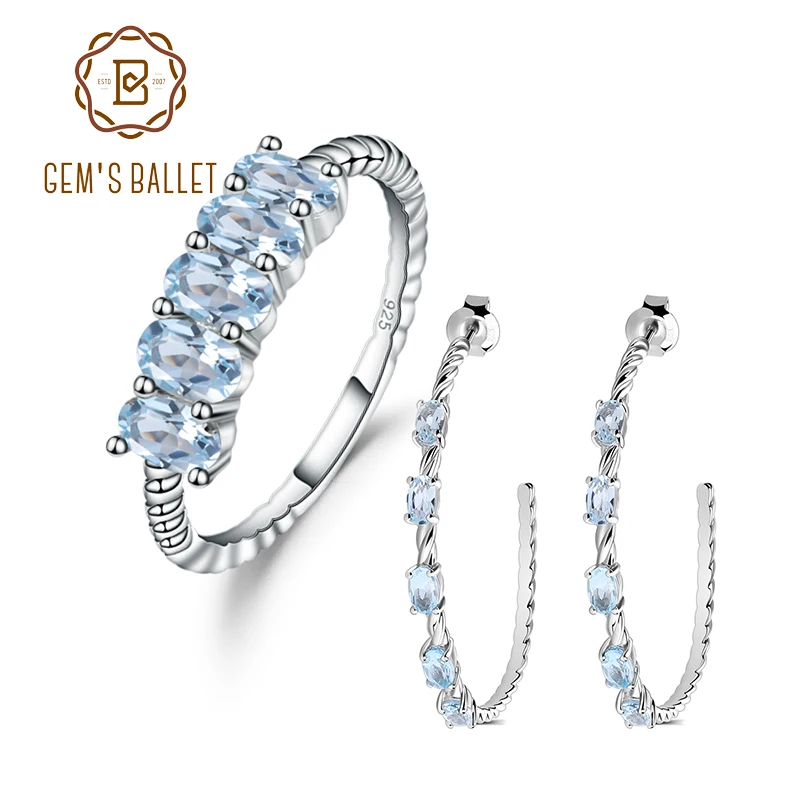 

GEM'S BALLET 4.42Ct Natural Sky Blue Topaz Gemstone Jewelry Set Genuine 925 Sterling Silver Ring Hoop Earrings For Women Wedding