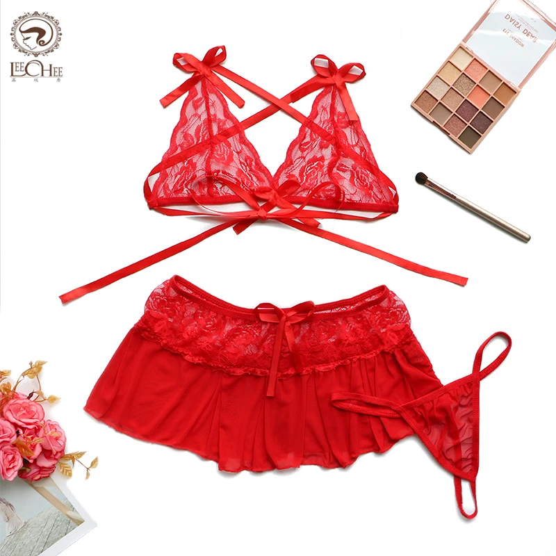 Lace Red 3Pcs Lingerie Set Sexy G-string Dress Exotic Apparel Erotic Underwear Lenceria Transparent Ropa Interior Porno Costumes