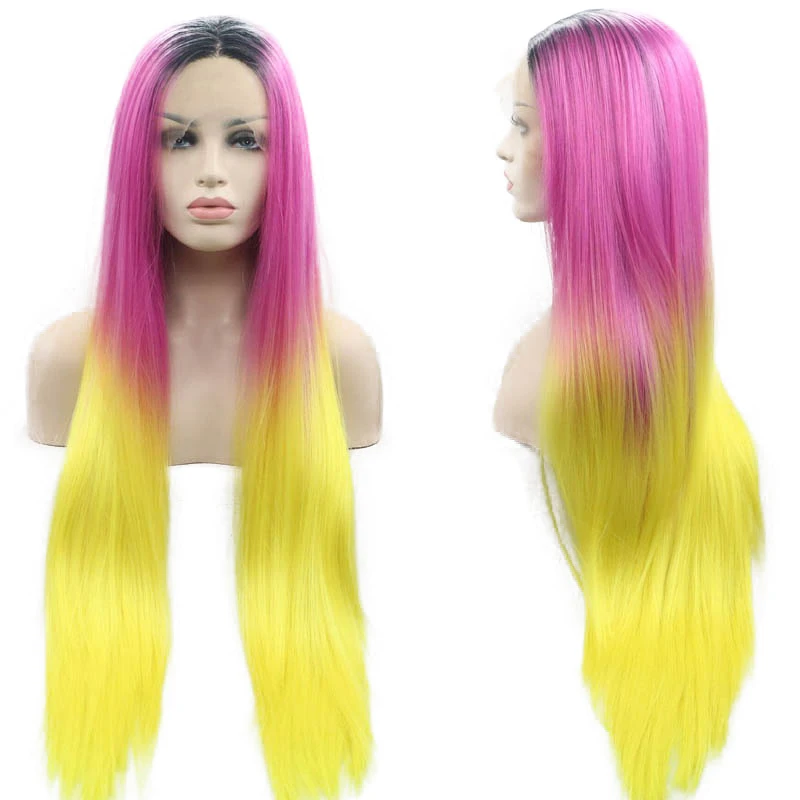 Hot Pink And Black Yellow Cosplay Ombre Lace Front Wig Long Straight Synthetic Frontal Glueless Wigs For Black Women Lolita