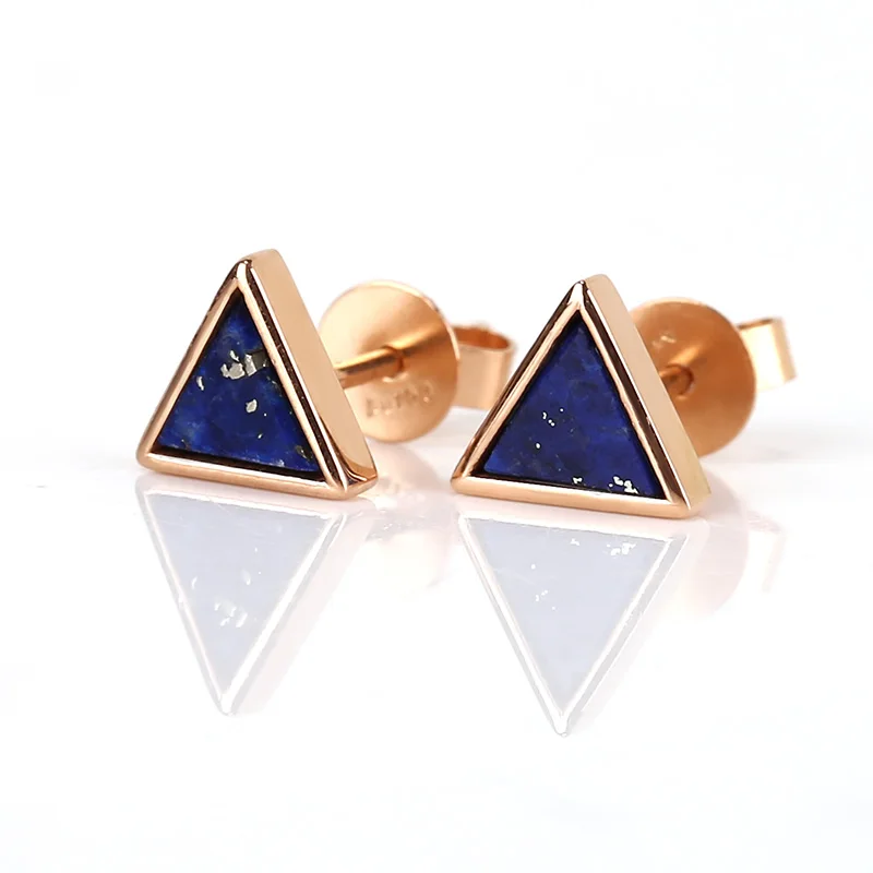 New Design！18k Gold Lapis Lazuli Triangle Earrings , Lapis Lazuli Earrings , 18k Gold Stud Earring, 14x6mm, 1.4g