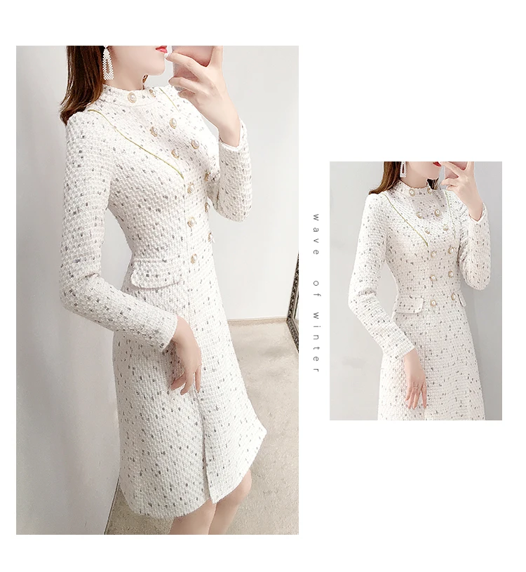 New Arrival Autumn Winter Women Elegant Tweed Double Breasted Stand Collar Long Sleeve Female Fashion Chic Dresses Vestidos