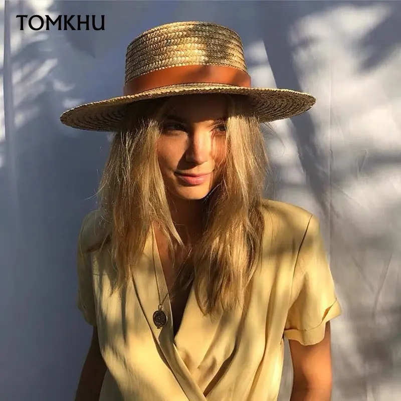 Summer Unisex Handmade Natural Wheat-Straw Women Sun Hat With Leather Strap Wide Brim Flat Top Hats Men Beach Solid Caps Sun