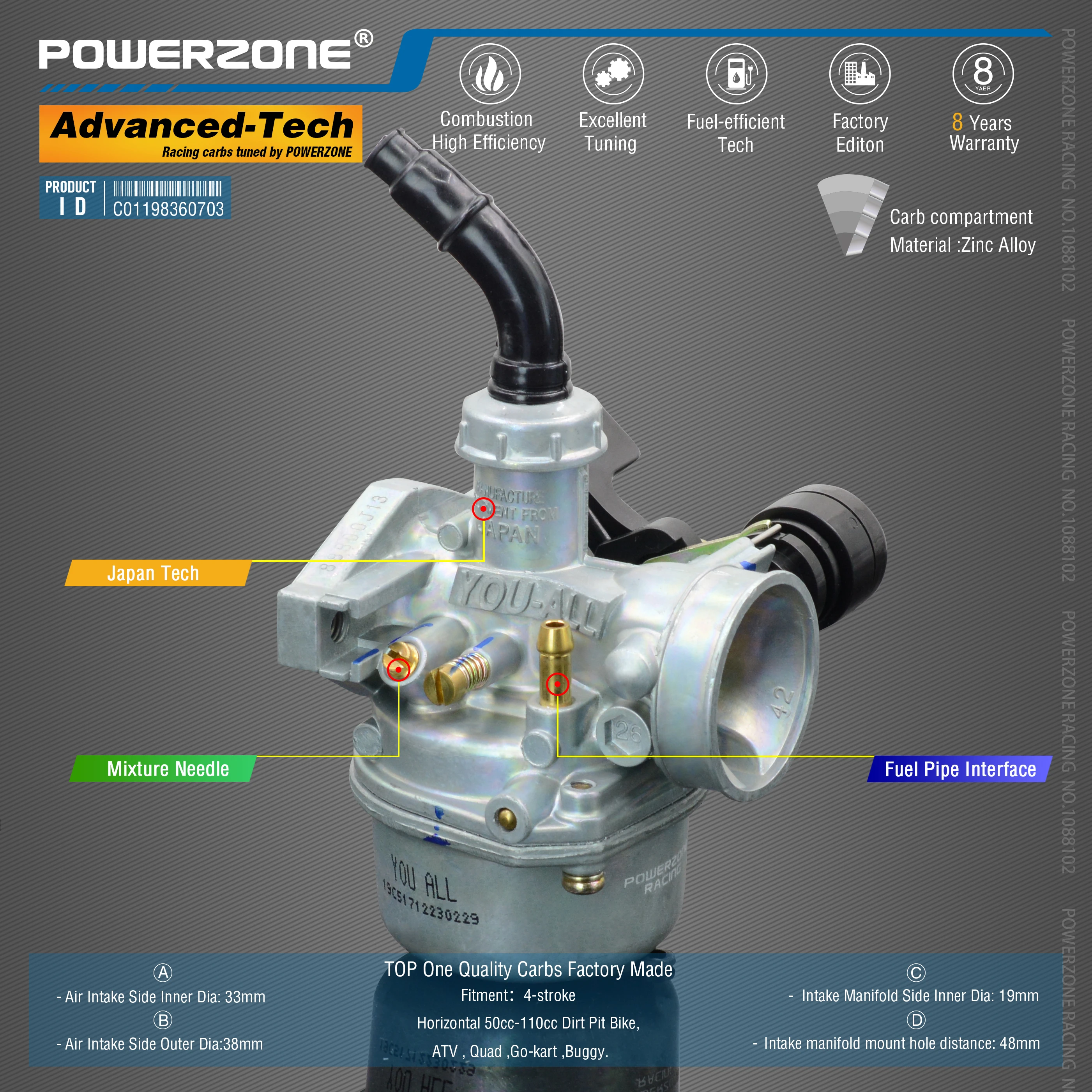 Powerzone  Carburetor PZ19 19mm  CVK  Accelerator Pump Carb For Horizontal 50cc-110cc Dirt Pit Bike,ATV , Quad ,Go-kart ,Buggy