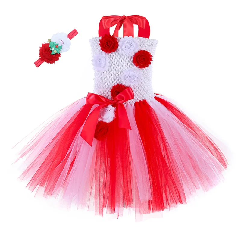 

Tonlinker Christmas Girls Tutu Dress Kids Halloween Birthday Party Flowers Red White Net Yarn Princess Dresses With Headband Set