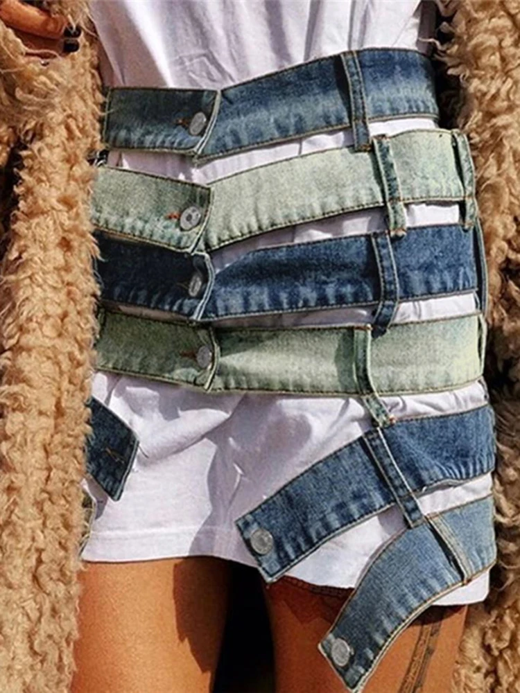 TWOTWINSTYLE Denim Colorblock Skirt For Women High Waist Hollow Out Patchwork Pockets Skirts Female 2024 Summer Fashion Clothing