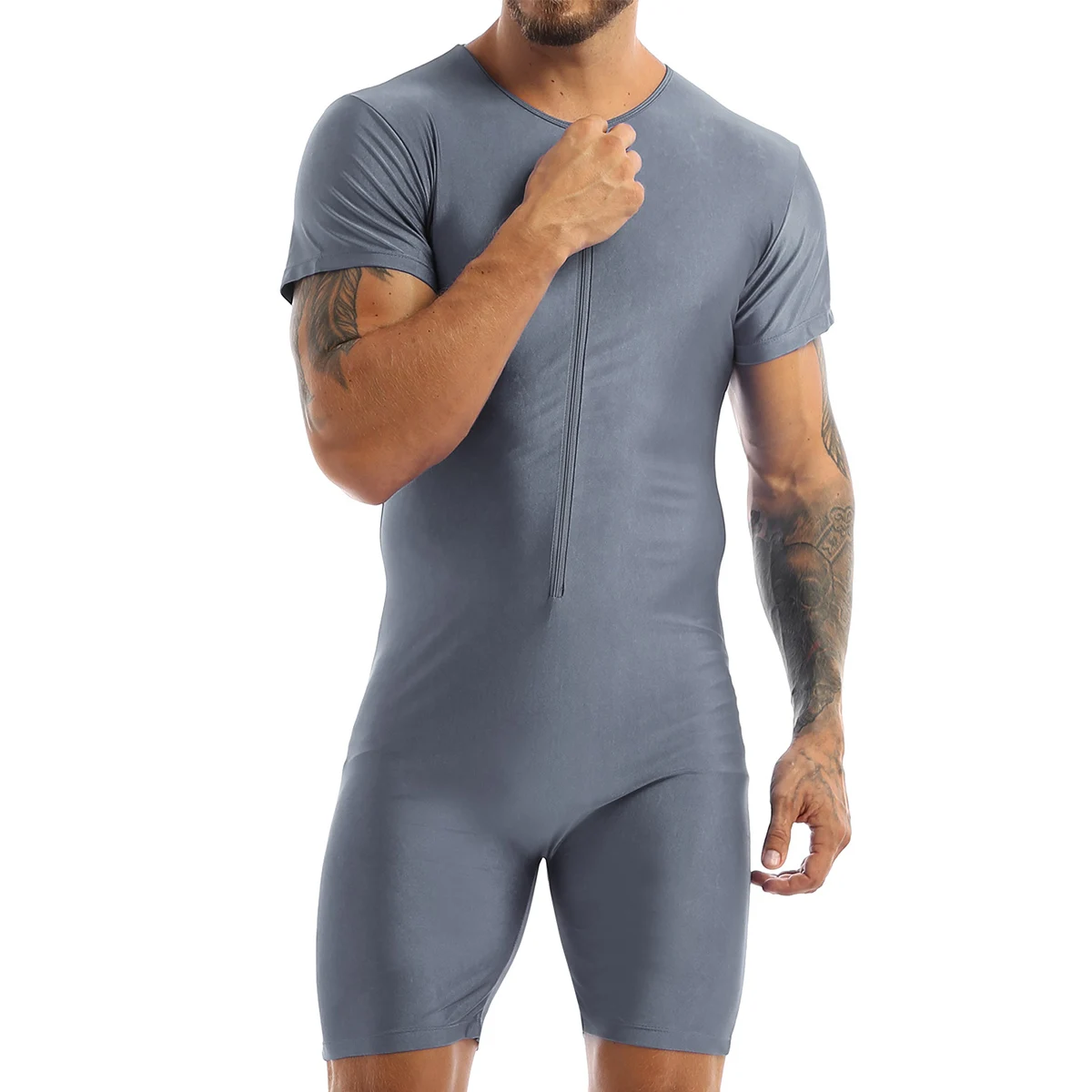 Men Spandex Stretchy Boxer Shorts Leotard Bodysuit One-piece Swimwear Short Sleeve Zip Bathing Suit for Beach Pool Swimming