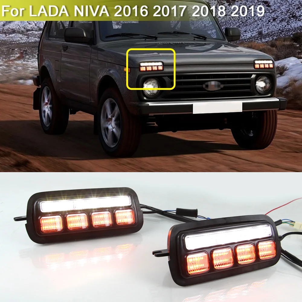 

2-in-1 Front Bumper Fog Warning Lamp White DRL Daytime Light Dynamic Turn Signal Lights For LADA NIVA 2016 2017 2018 2019