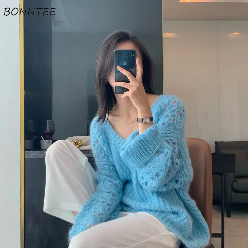 

Pullovers Women Korean Style Sexy V-neck Hollow Out Sweater Loose Long Sleeve Knitted Fashion Spring Autumn Solid Tender Simple