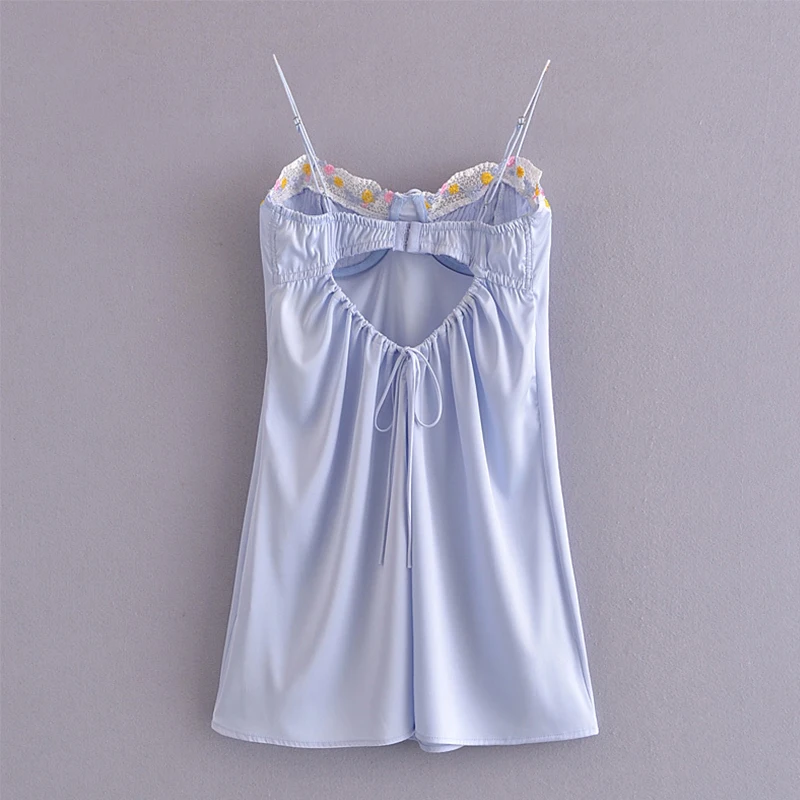 YENKYE Floral Embroidered Light Blue Sling Sexy Dress Women Romantic Backless Night Out Party Dress Female Summer Short Vestido