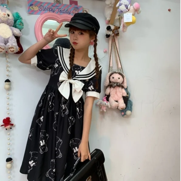 Palace princess sweet lolita dress retro sailor collar falbala high waist victorian shortsleeve dress kawaii girl gothic lolita