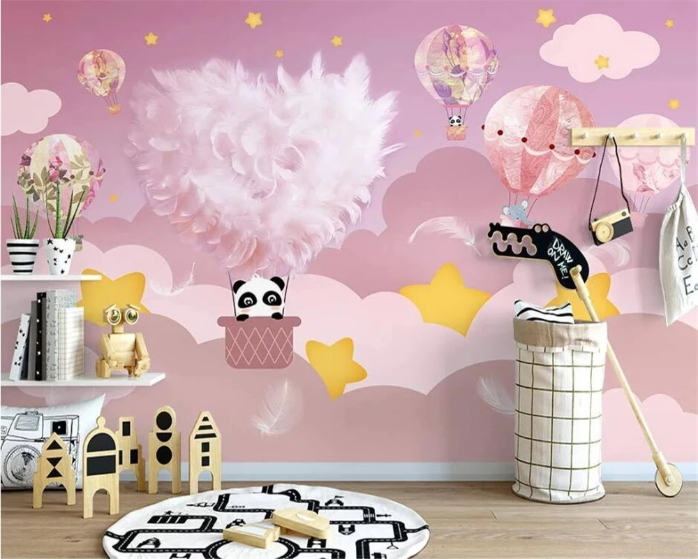 beibehang Customize new Nordic hand-painted feather hot air balloon pink children\'s room background wallpaper papier peint