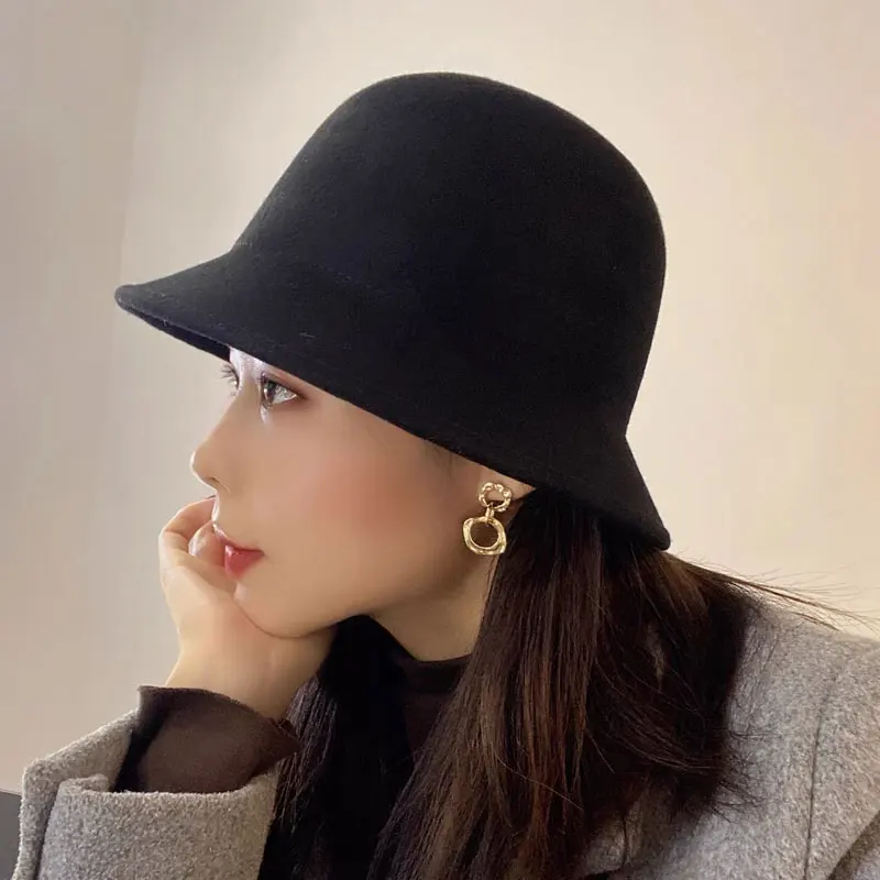 Autumn Winter Wool Fisherman Bucket Hat For Women Fashion Fedora Dome Top Wide Brim Casual Sombrero Muje Cape Cap Quality Bone