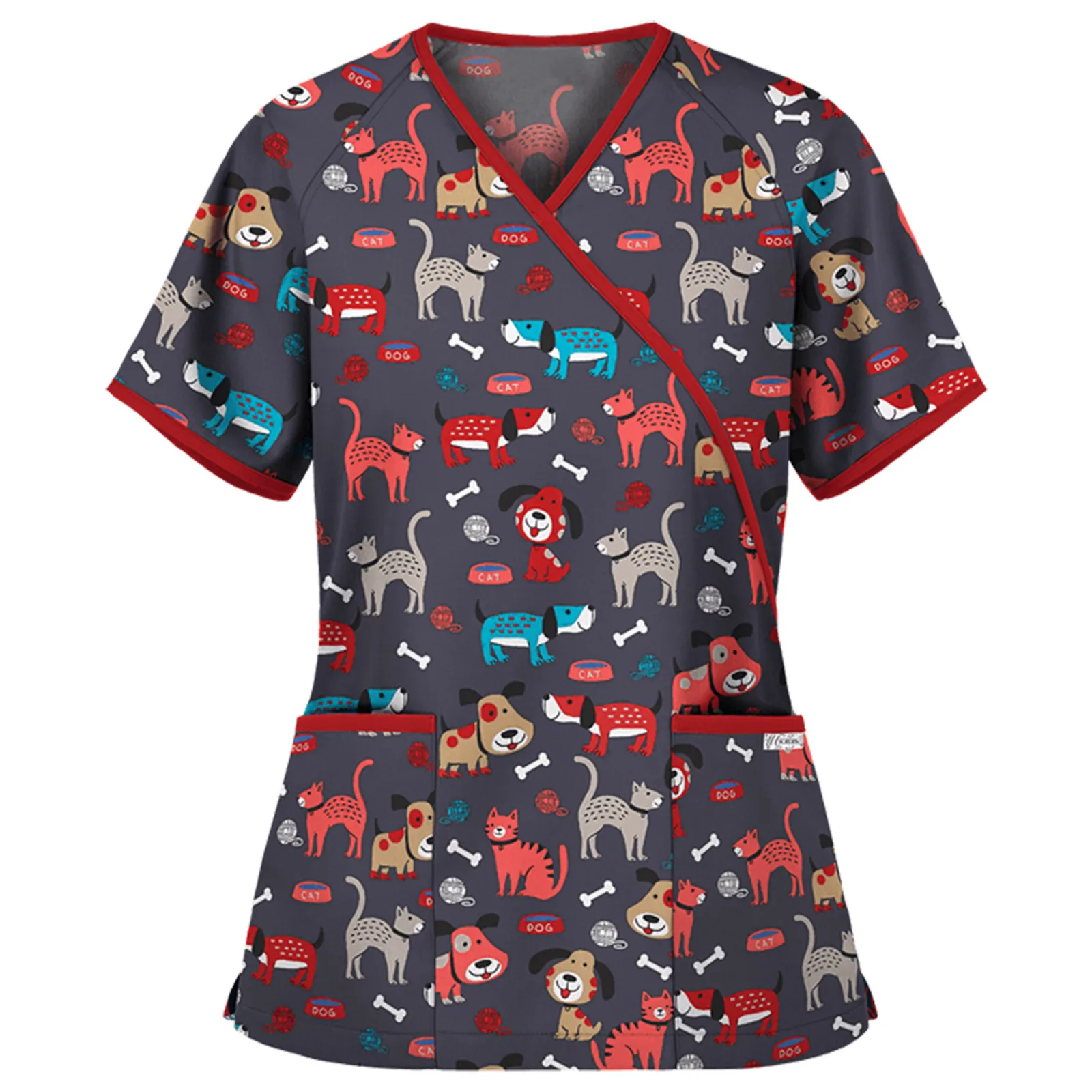 Cute Cartoon Animals Print Nursing Scrubs Women Tops Short Sleeve V-neck Drawstring Working Uniform Blouse Costume Shirts Female