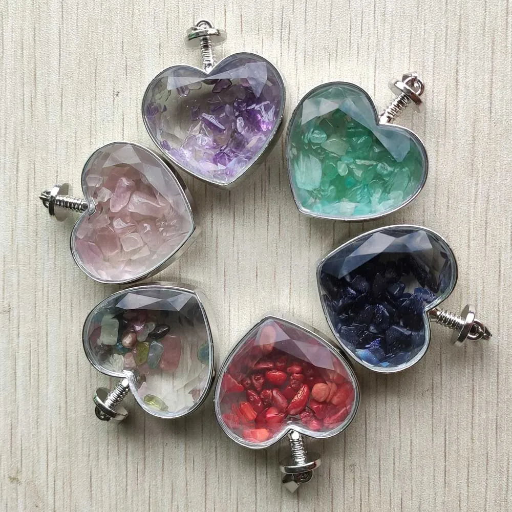 

New beautiful assortted natural stone glass heart shape pendants for jewelry making wholesale 6pcs/lot free shipping