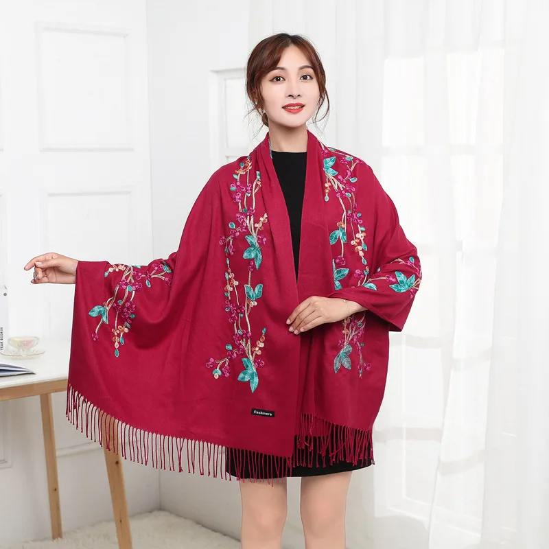 Luxury Thick Winter Scarf Women Warm Cashmere Plum Blossom Embroidery Tassel Shawl Wrap Blanket Hijab Scarf Pashmina Scarves