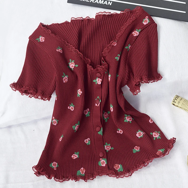 Patched Lace O-Neck Knitted Short Sleeve Thin Sweaters Cardigans Lady Single-breasted Printing Flowers Sweater Crop Tops Female