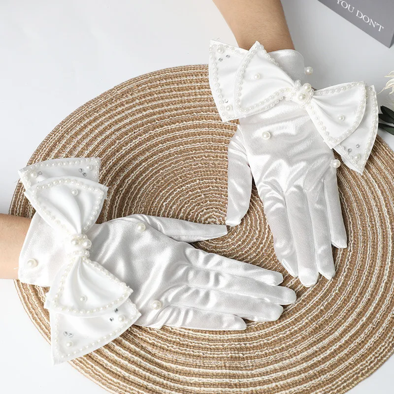 

Women's Elegant Pearl Beaded Bow White Satin Glove Female Spring Summer Vintage Sunscreen Driving Glove R094